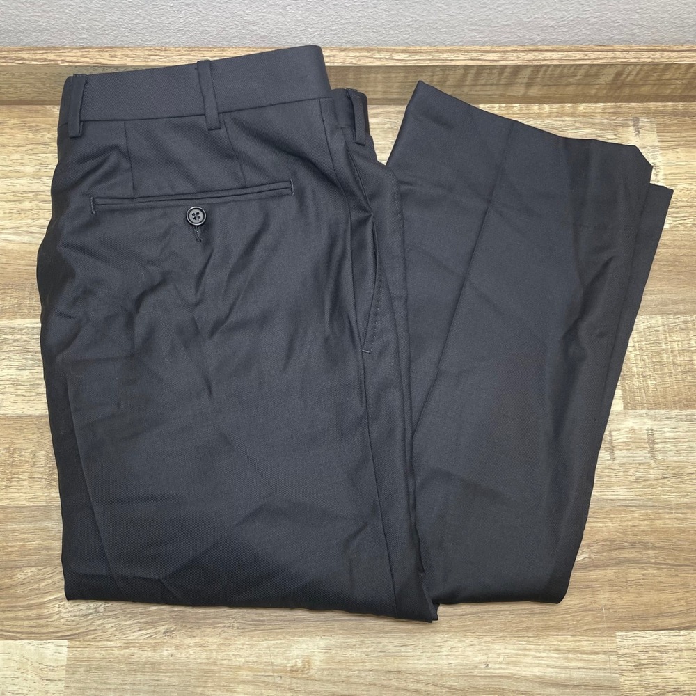 Canali 100% Wool Dress Trousers Flat Front Straight Pants Men Black 34x33 Italy